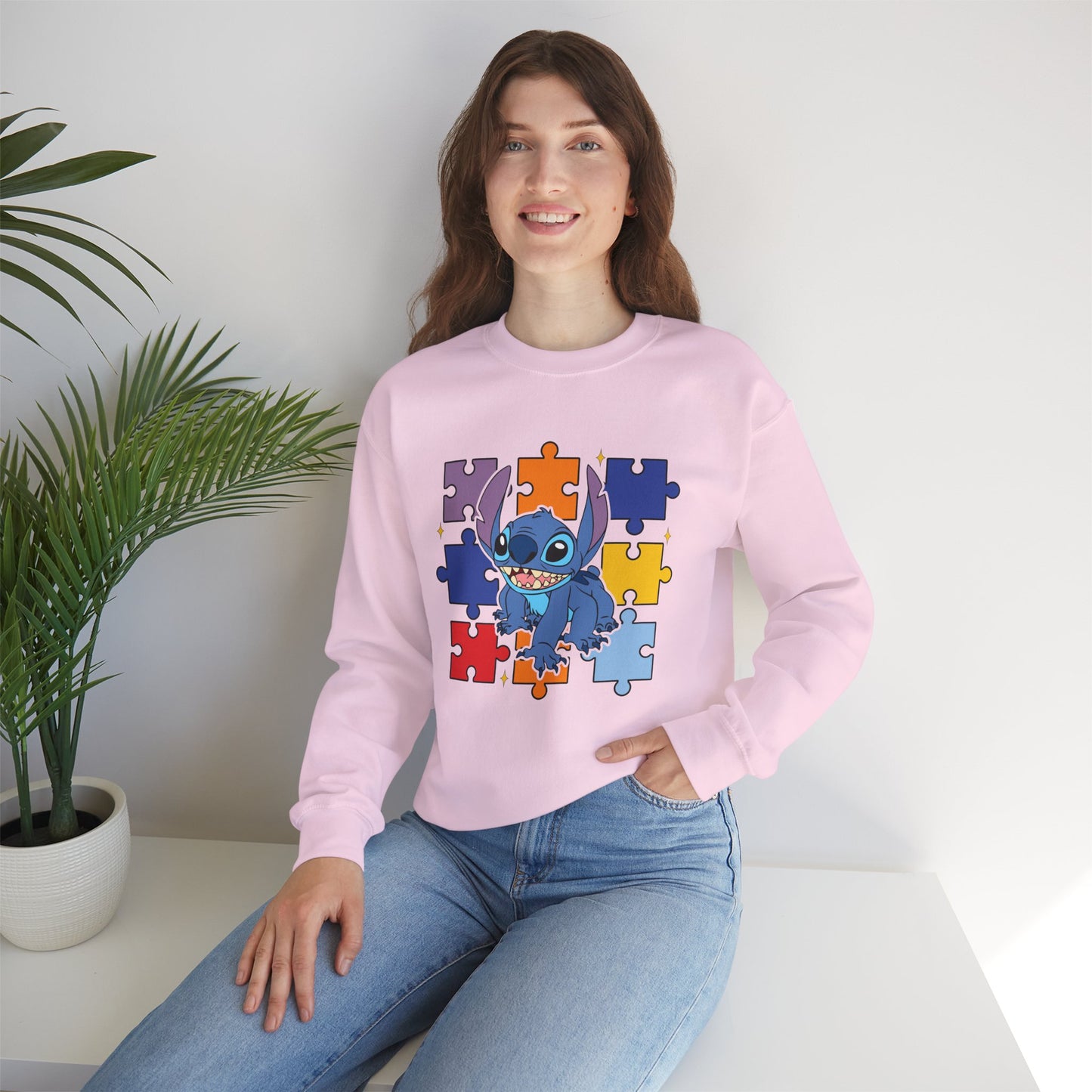Stitch Puzzle Crewneck Sweatshirt — Cute Blue Alien on Colorful Jigsaw Design