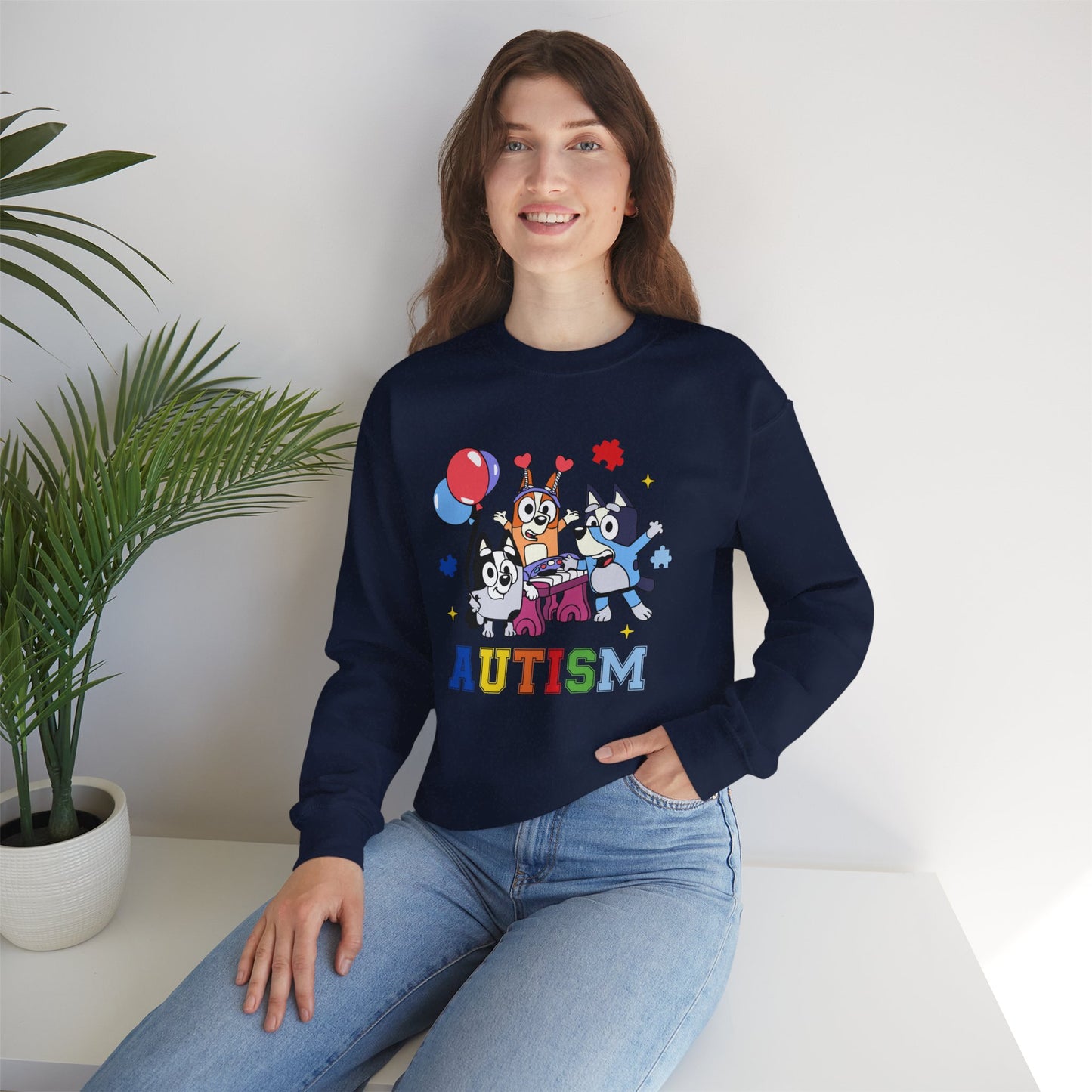 Autism Support Crewneck Sweatshirt — Colorful Bluey-Style Characters & 'AUTISM' Design
