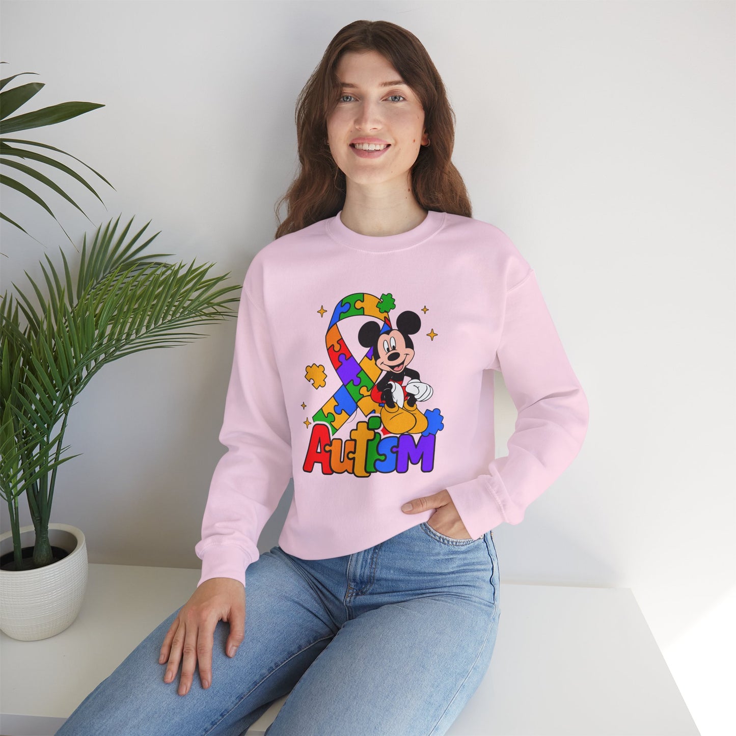 Autism Awareness Crewneck Sweatshirt — Colorful Puzzle Ribbon Design