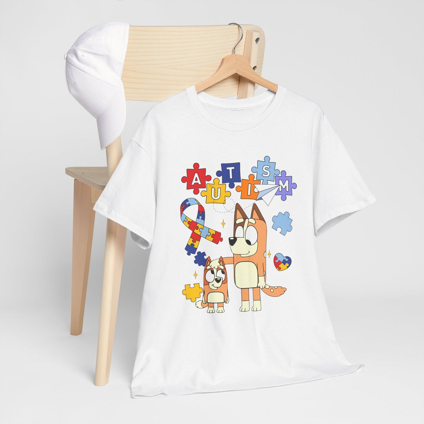 Autism Awareness Puzzle Ribbon Tee — Cute Red Dog Family Design