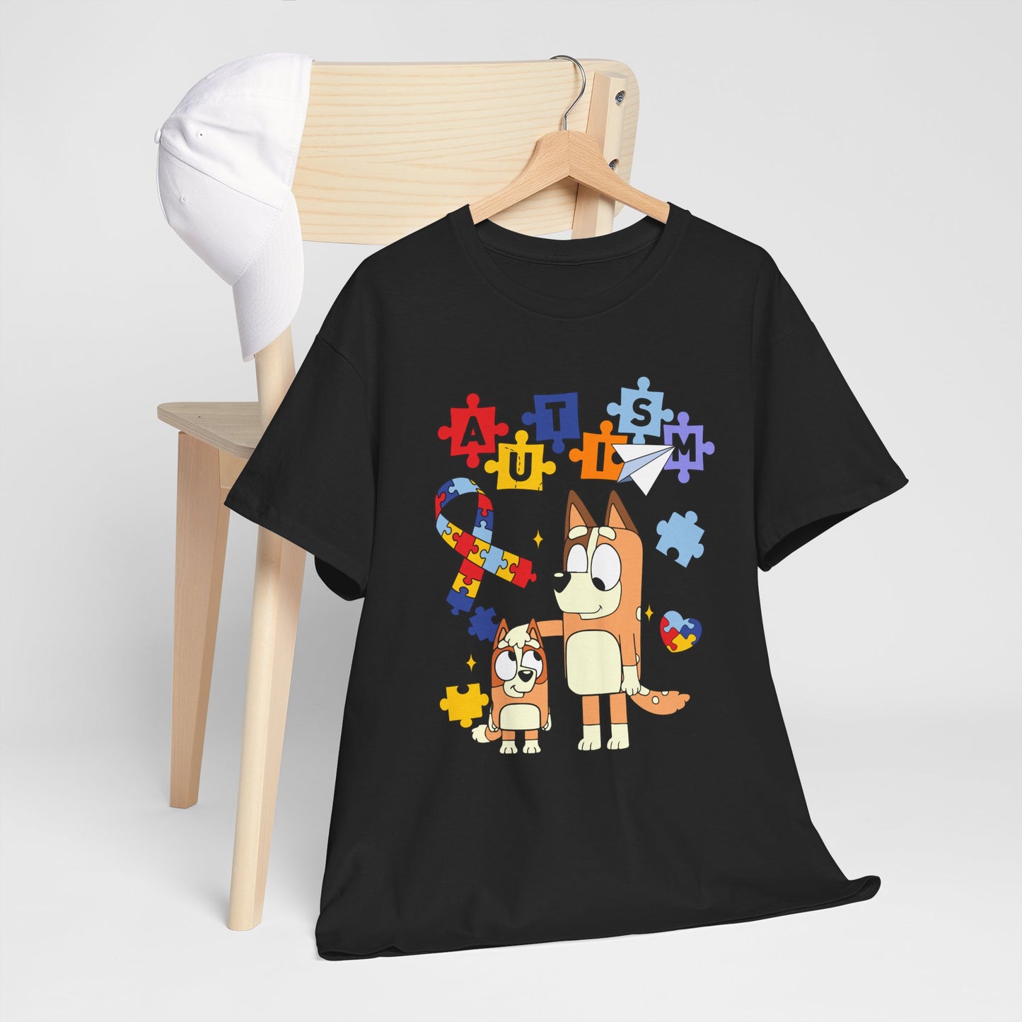Autism Awareness Puzzle Ribbon Tee — Cute Red Dog Family Design