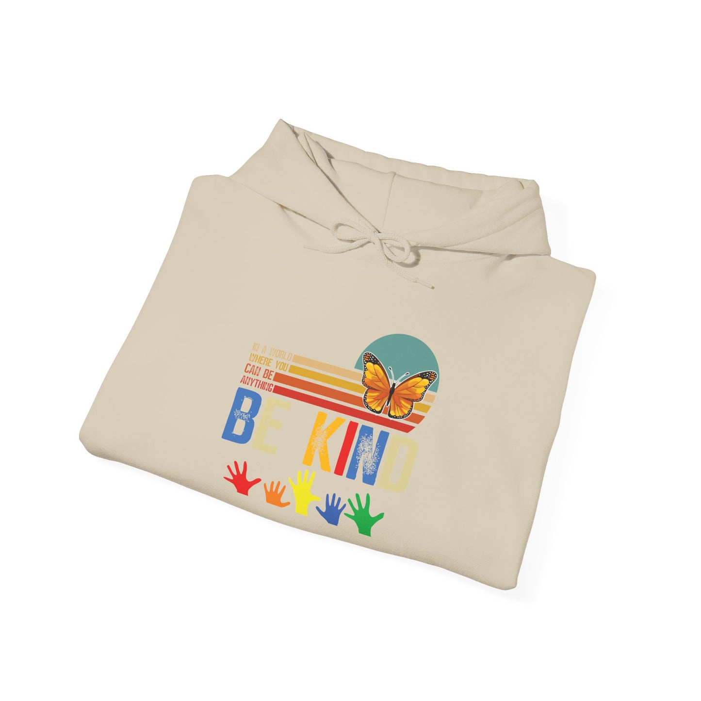 Be Kind Rainbow Hoodie — Retro Sunset Hands Kindness Sweatshirt
