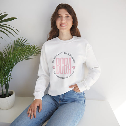 BCBA Crewneck Sweatshirt — ‘It’s a Good Day to Shape Behaviors’ Pink Logo