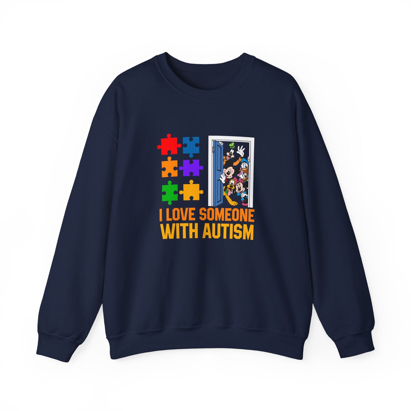 Autism Awareness Crewneck Sweatshirt — "I Love Someone With Autism" Puzzle Heart Design