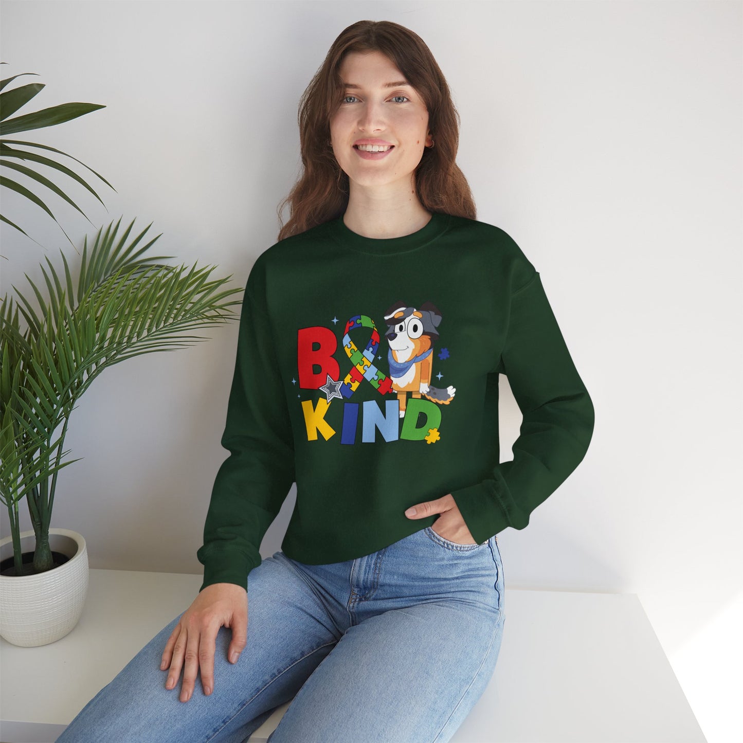 Be Kind Crewneck Sweatshirt — Autism Awareness Puzzle Ribbon Dog Design