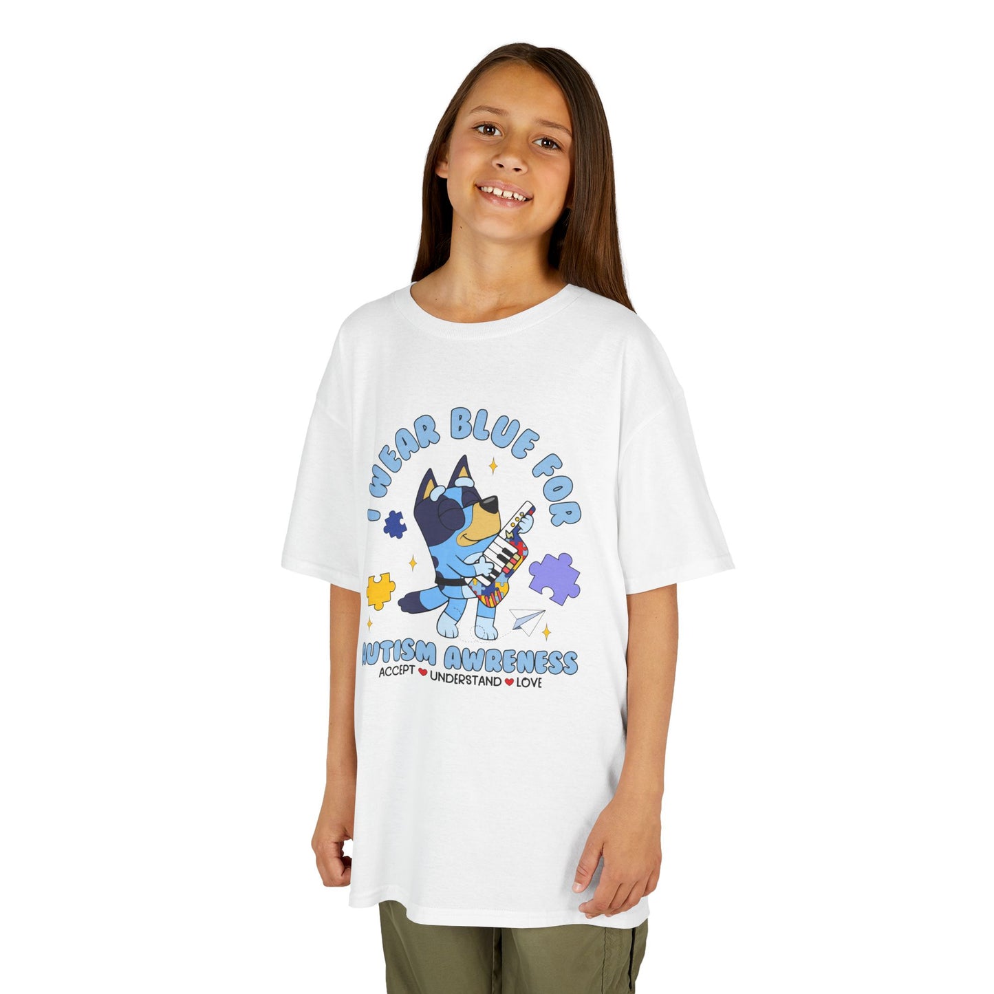 Kids Tee — 'I Wear Blue for Autism Awareness' Cute Puzzle-Heart Design