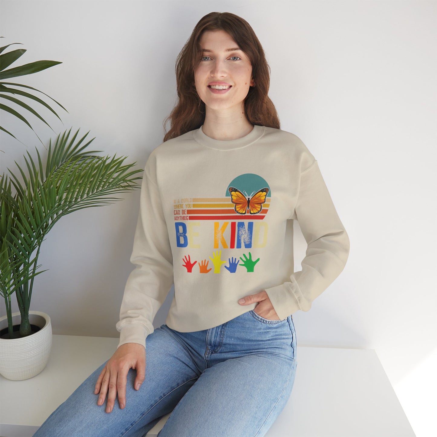 Be Kind Crewneck Sweatshirt — Rainbow Hands & Butterfly Kindness Design
