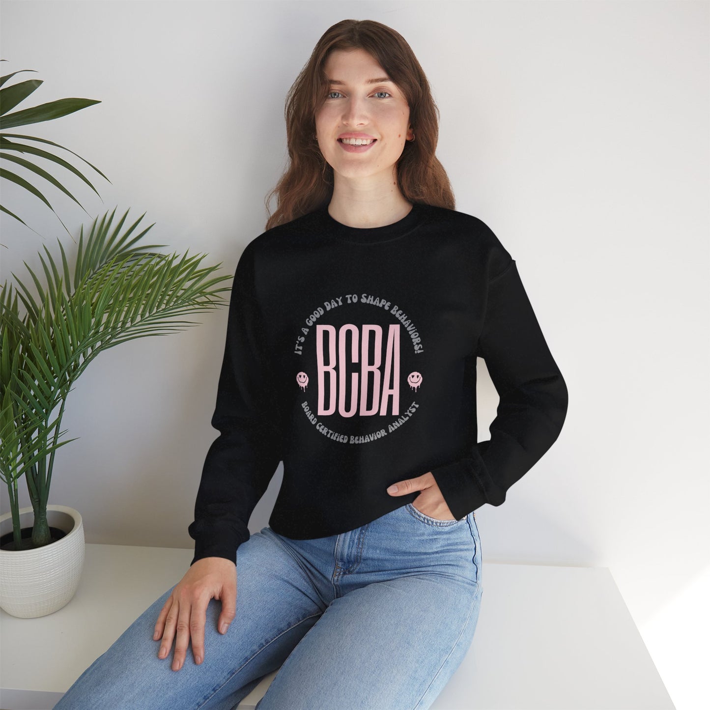 BCBA Crewneck Sweatshirt — ‘It’s a Good Day to Shape Behaviors’ Pink Logo