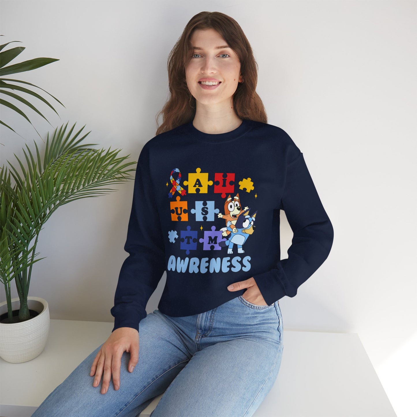 Autism Awareness Crewneck Sweatshirt — Puzzle Ribbon Support Design