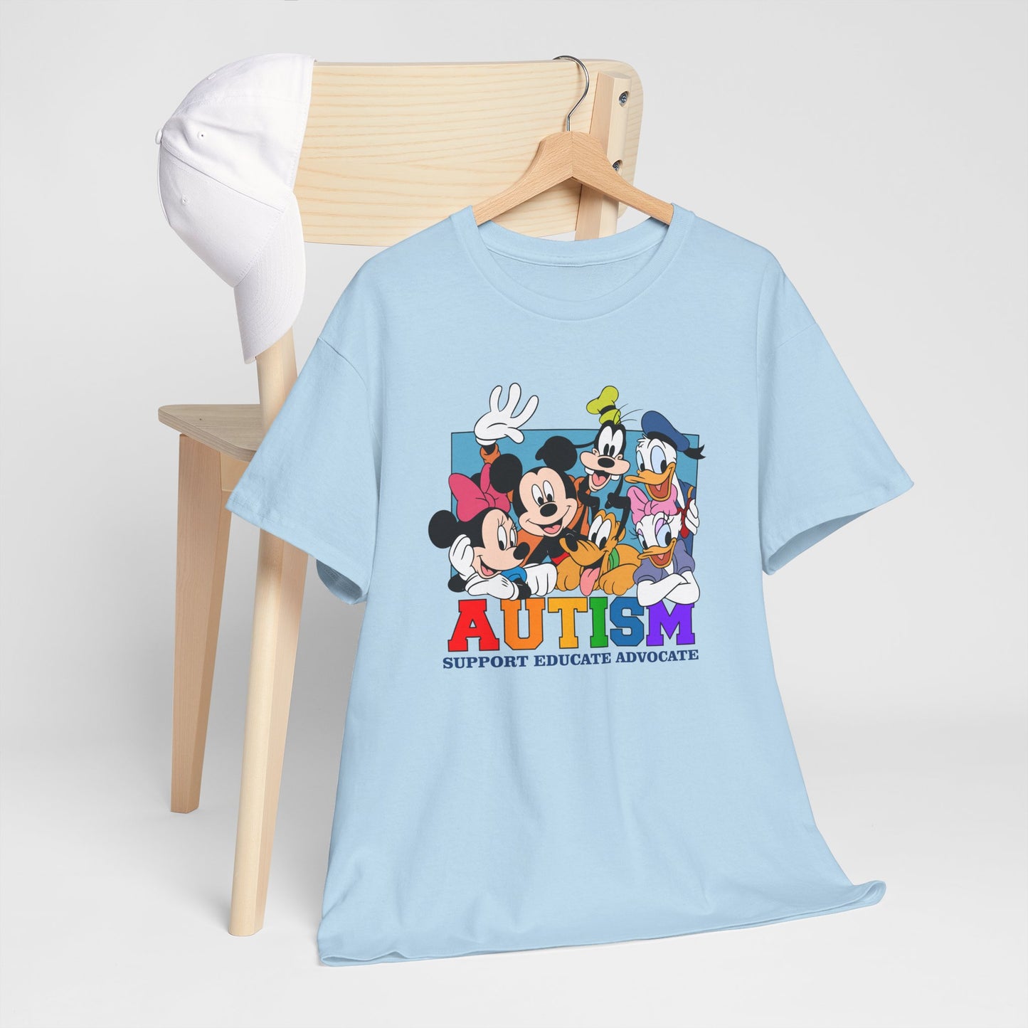 Autism Awareness T-Shirt — "AUTISM: Support Educate Advocate" with Cartoon Characters