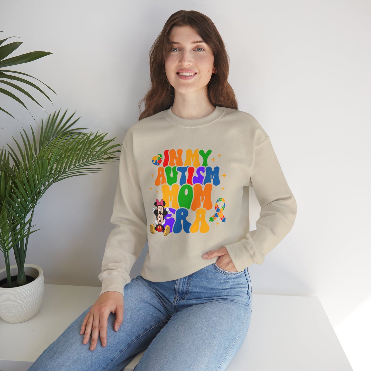 Autism Mom Crewneck Sweatshirt – Colorful Puzzle Ribbon Awareness Pullover