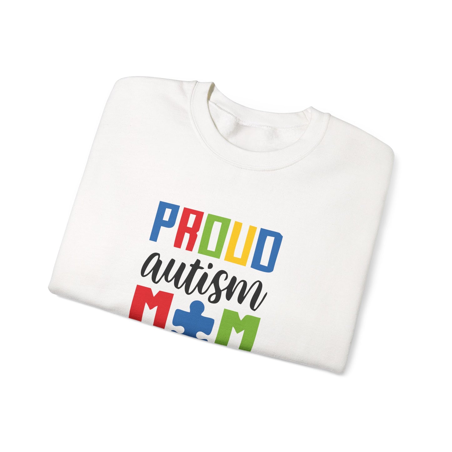 Crewneck Sweatshirt — "Proud Autism Mom" Colorful Puzzle Piece Design