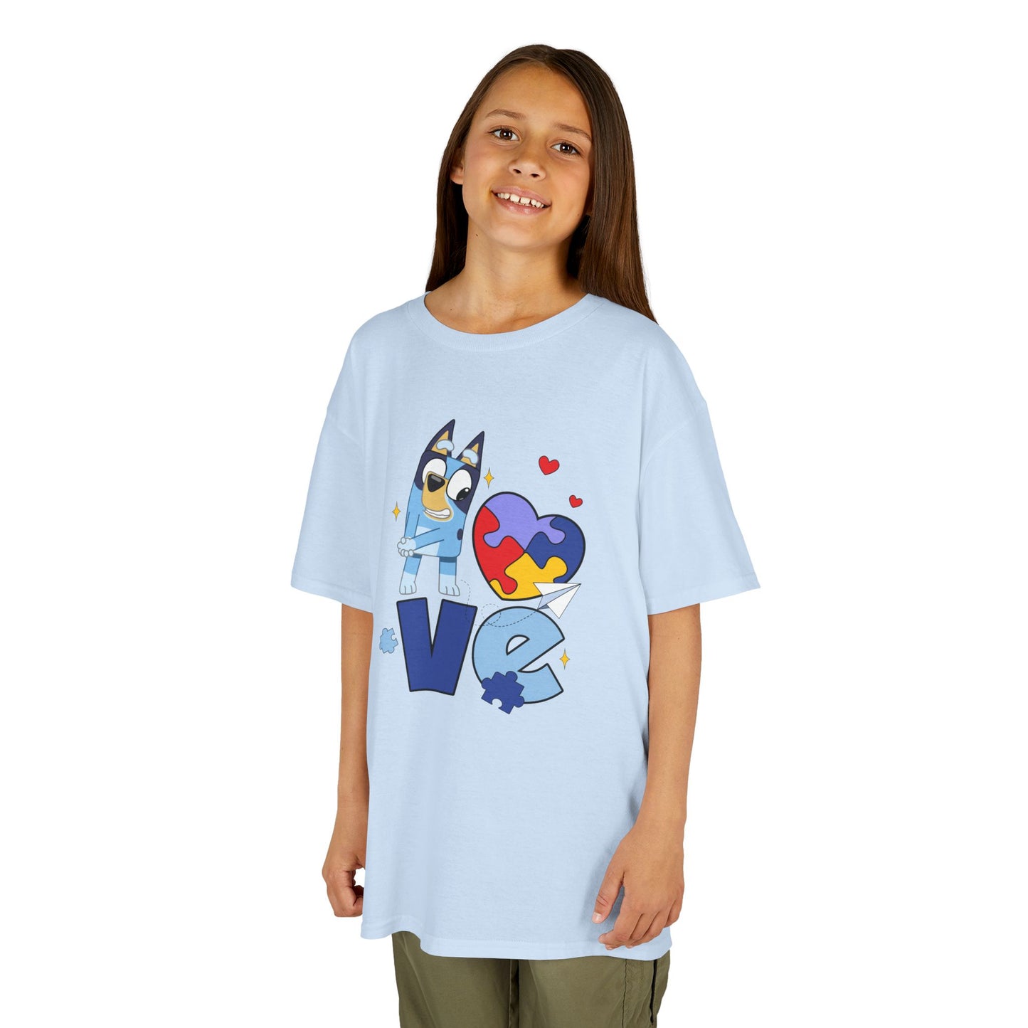 Kids Tee — 'LOVE' Puzzle Heart & Cartoon Character Autism Awareness Shirt