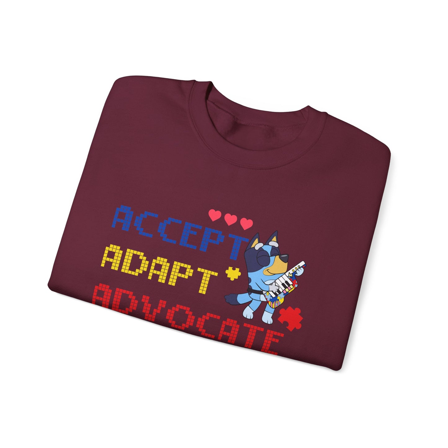 Accept Adapt Advocate Crewneck Sweatshirt — Autism Awareness Sweatshirt with Cute Character