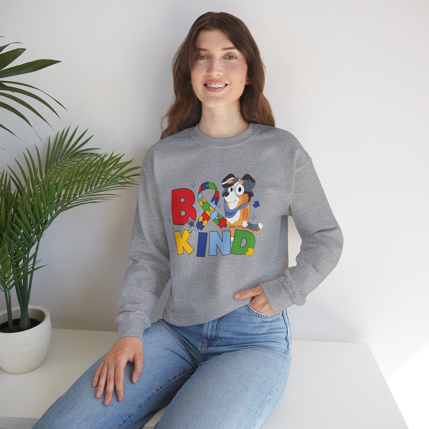 Be Kind Crewneck Sweatshirt — Autism Awareness Puzzle Ribbon Dog Design