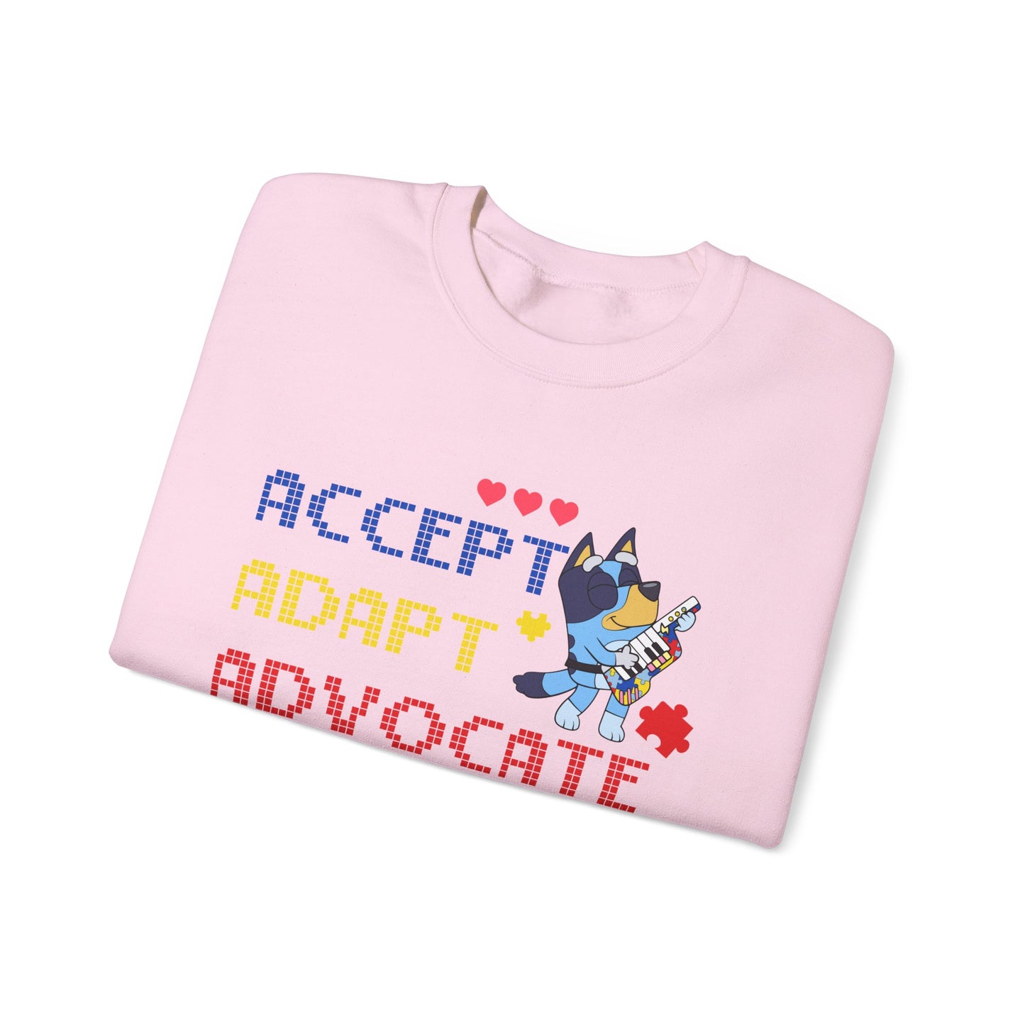 Accept Adapt Advocate Crewneck Sweatshirt — Autism Awareness Sweatshirt with Cute Character