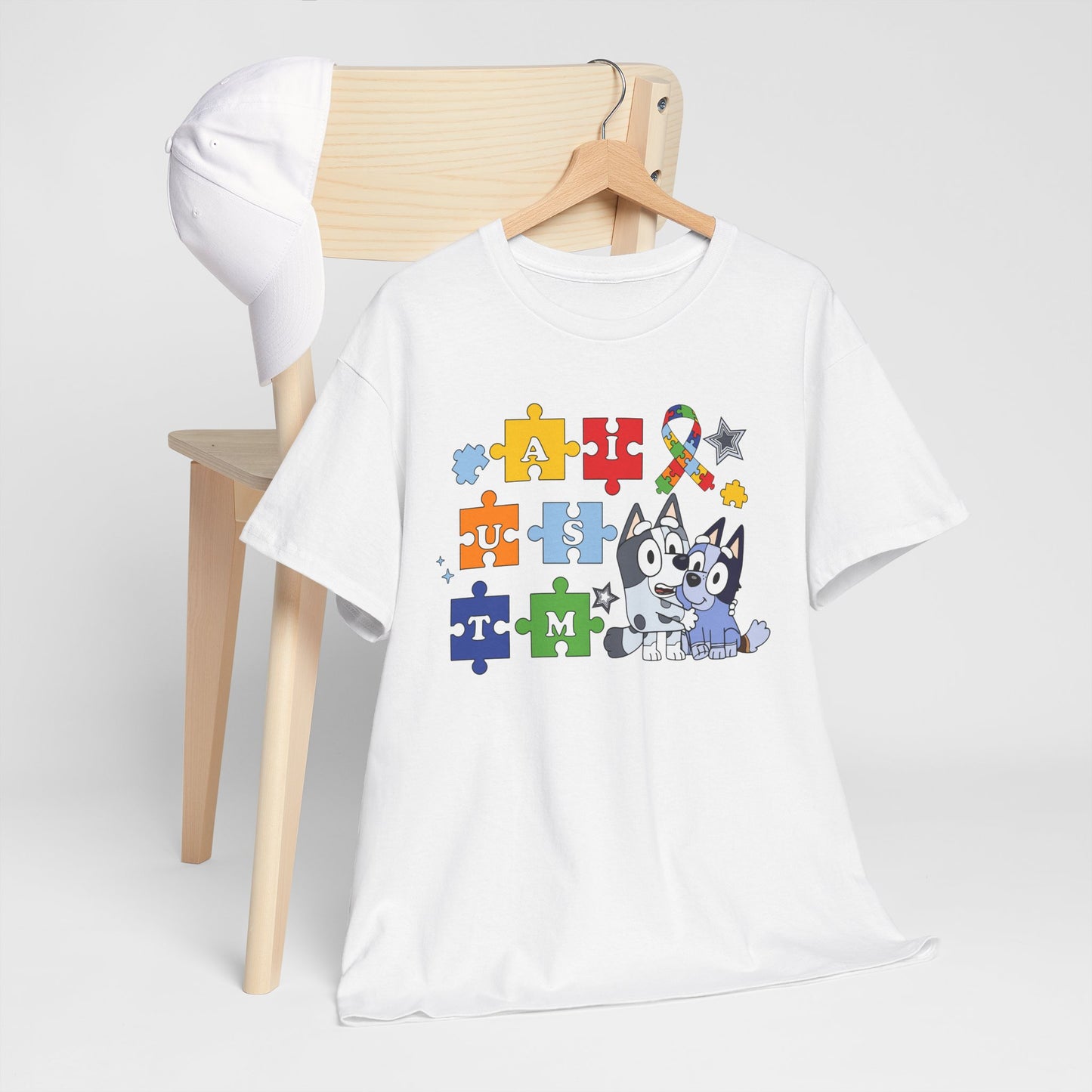 Autism Awareness Puzzle Pieces T-Shirt with Cute Husky & Ribbon