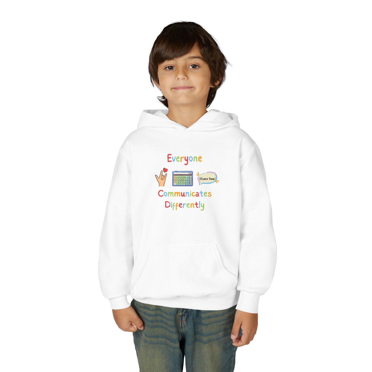 Youth Hoodie — "Everyone Communicates Differently" AAC Awareness Hoodie