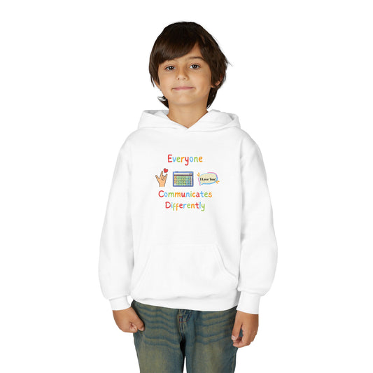 Youth Hoodie — "Everyone Communicates Differently" AAC Awareness Hoodie