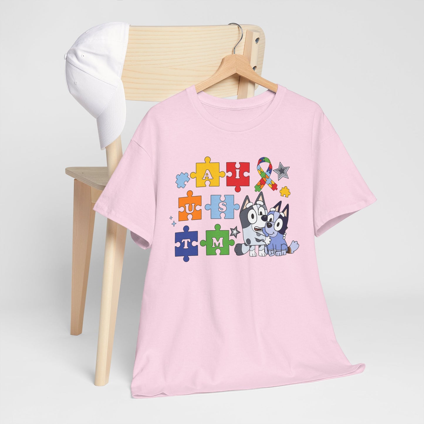 Autism Awareness Puzzle Pieces T-Shirt with Cute Husky & Ribbon