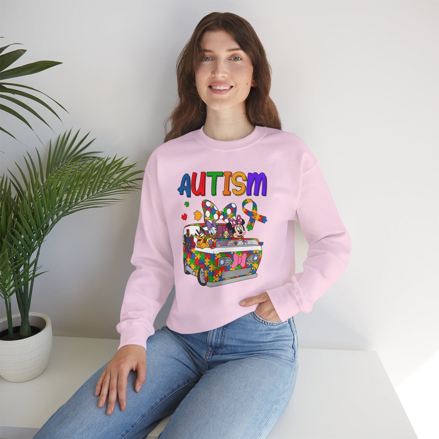 Autism Awareness Crewneck Sweatshirt — Colorful Puzzle Van Design