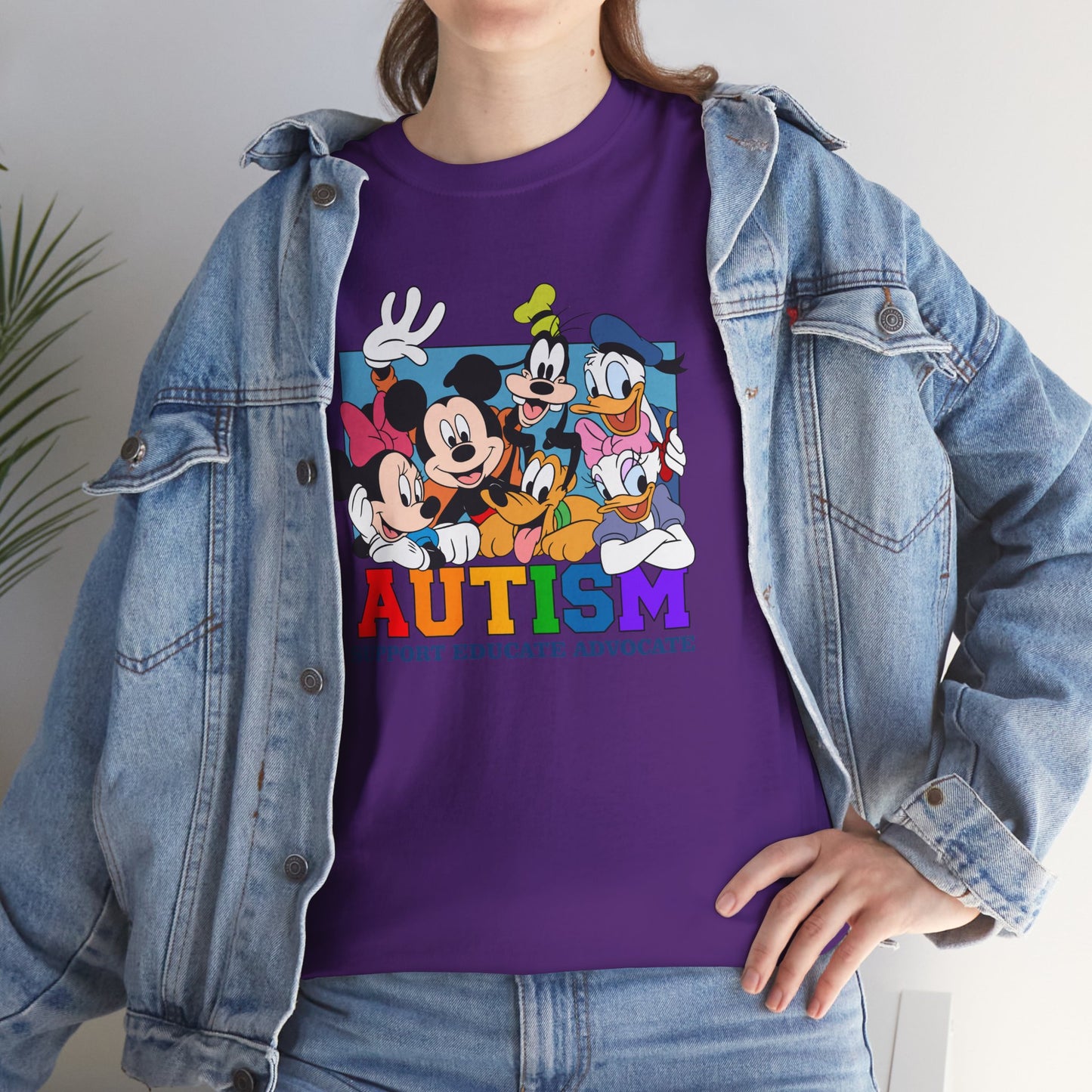 Autism Awareness T-Shirt — "AUTISM: Support Educate Advocate" with Cartoon Characters