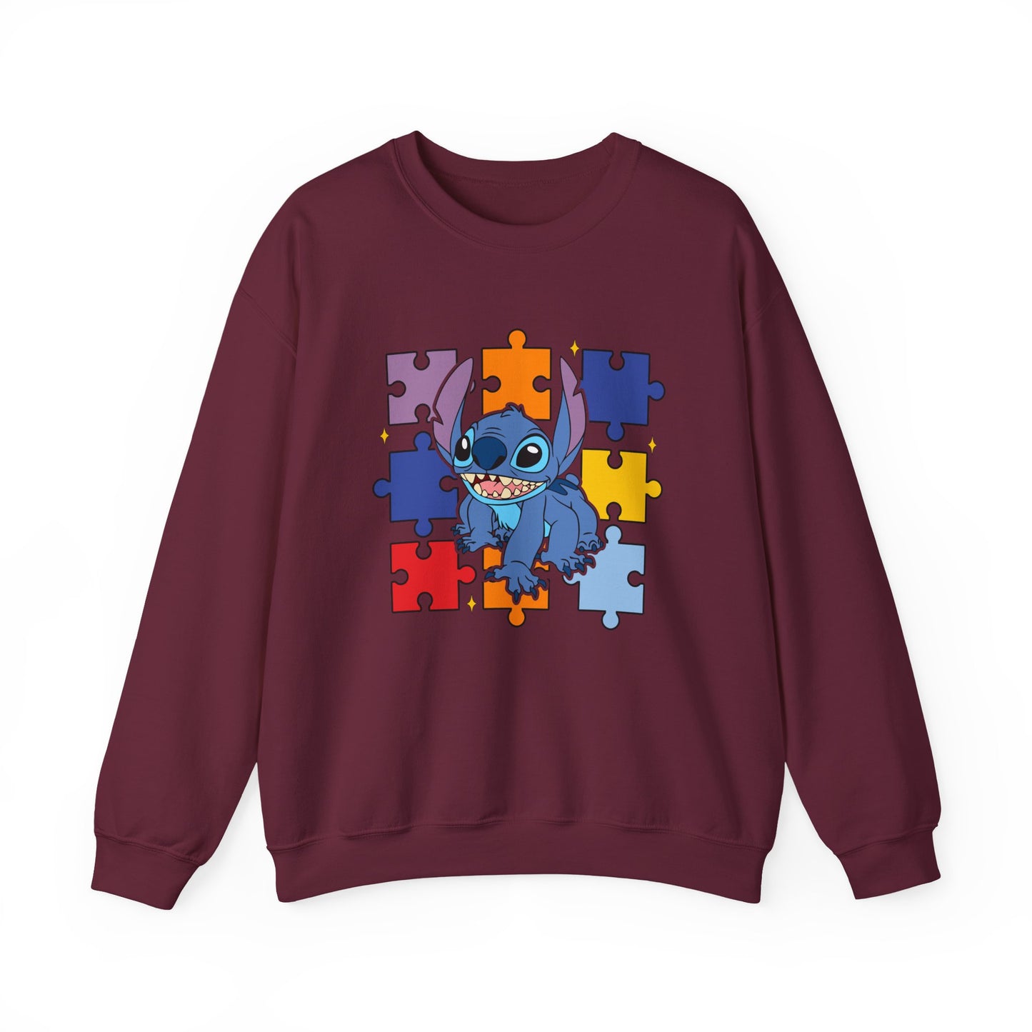 Stitch Puzzle Crewneck Sweatshirt — Cute Blue Alien on Colorful Jigsaw Design