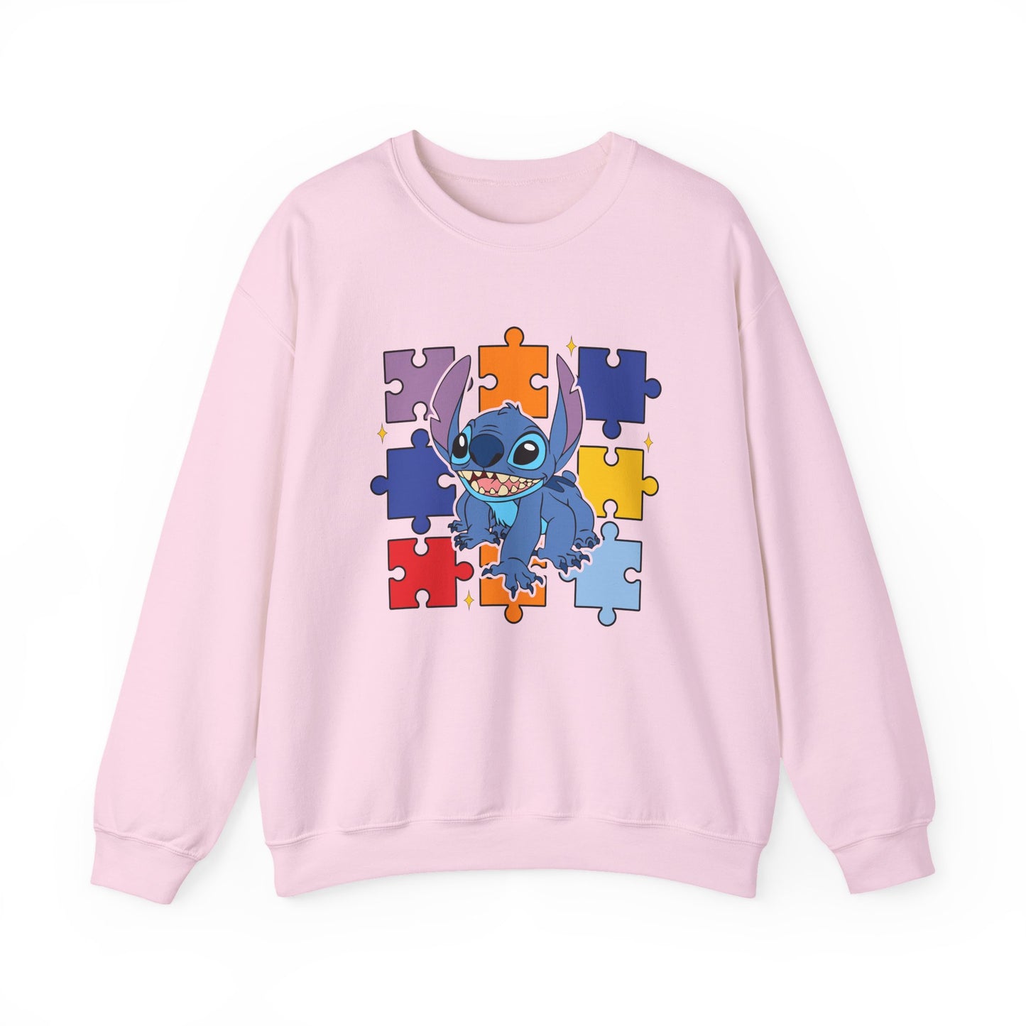 Stitch Puzzle Crewneck Sweatshirt — Cute Blue Alien on Colorful Jigsaw Design