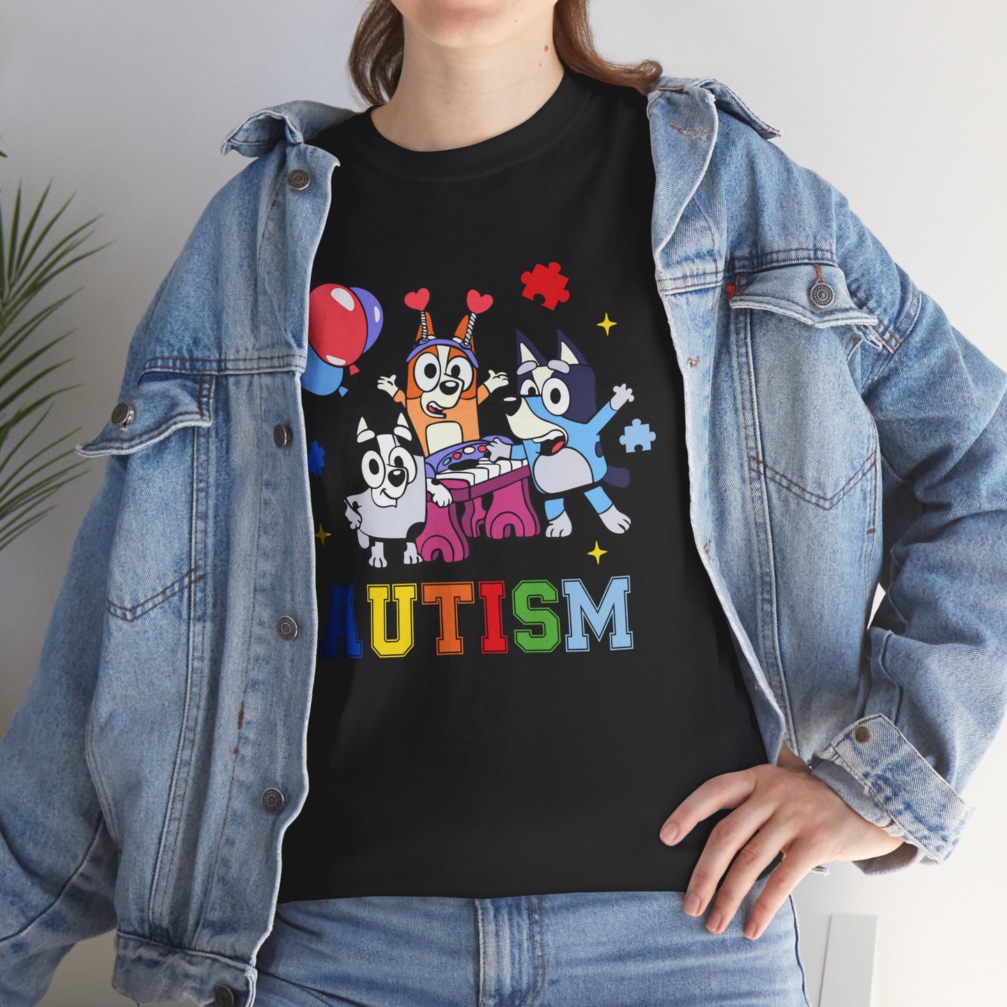 Autism Awareness Kids Tee — Colorful Cartoon Characters with 'AUTISM' Text