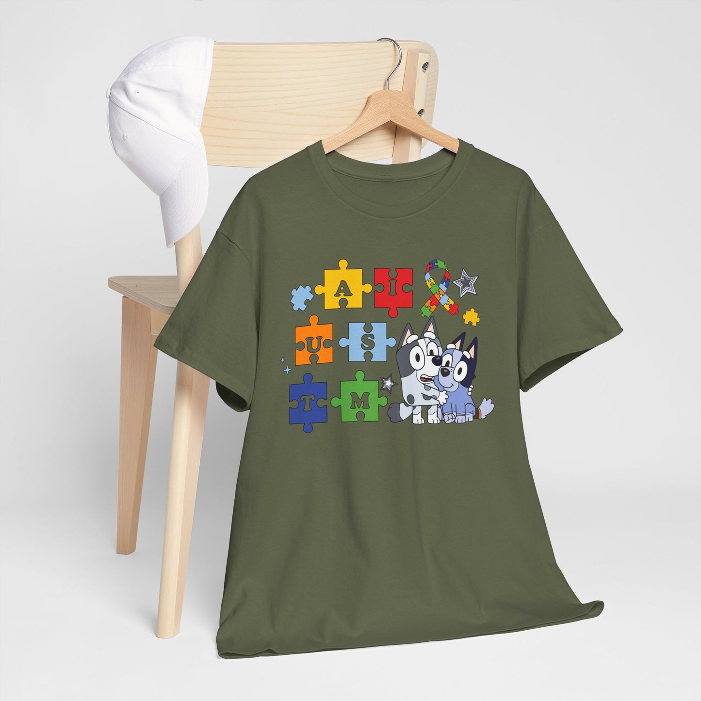 Autism Awareness Puzzle Pieces T-Shirt with Cute Husky & Ribbon
