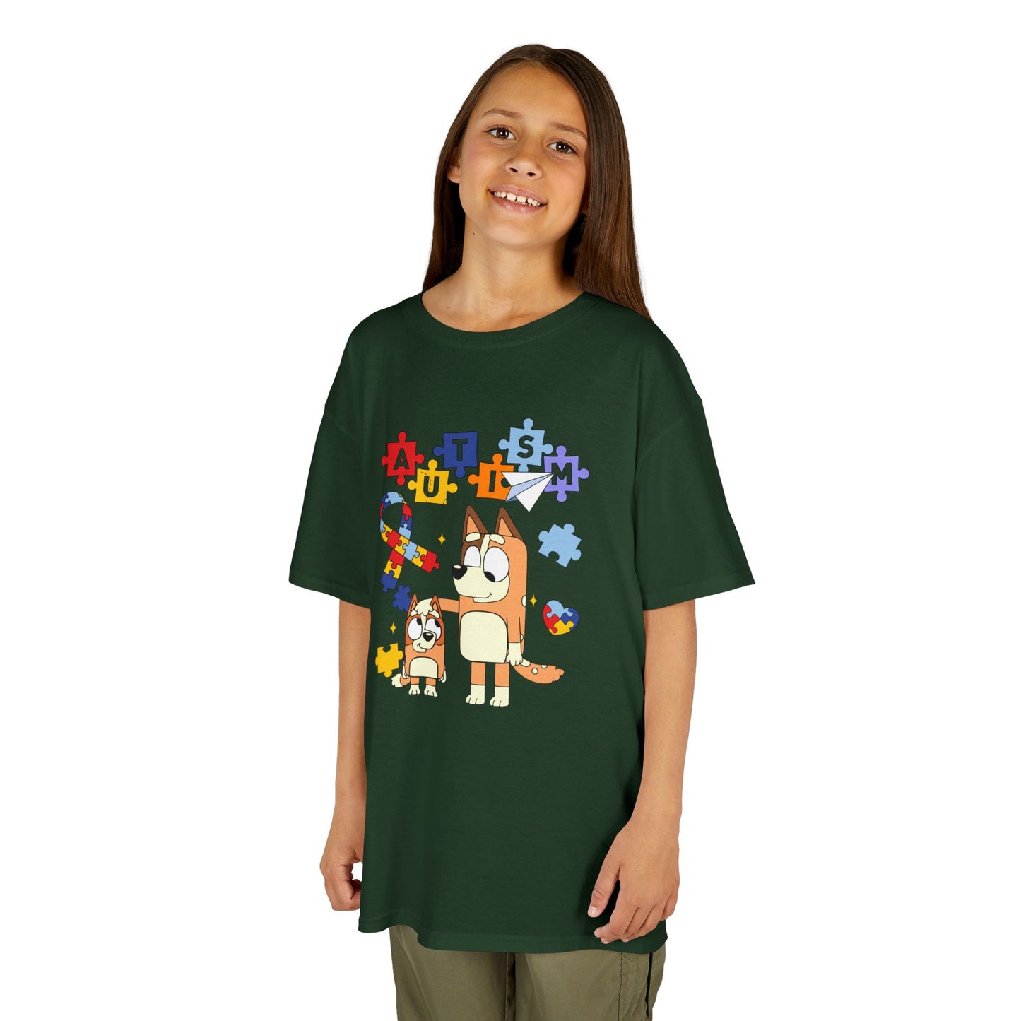 Kids Autism Awareness T-Shirt — Colorful Puzzle Heart & Cartoon Dog Design