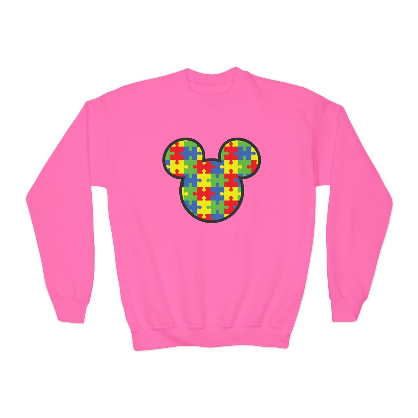 Puzzle Mickey Youth Crewneck Sweatshirt - Colorful Autism Awareness Design