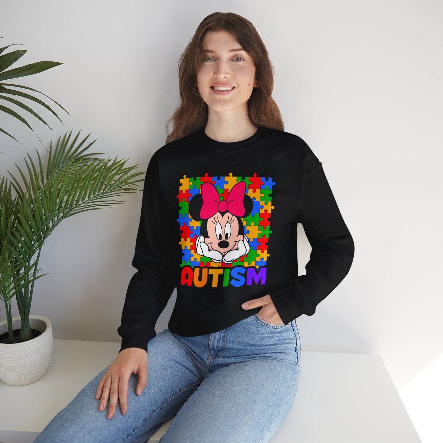 Autism Awareness Sweatshirt — Rainbow Puzzle Heart Character Design