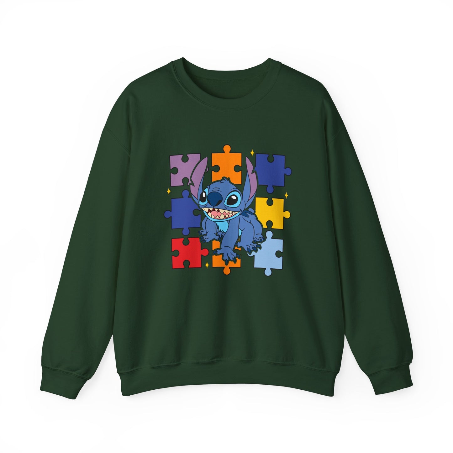 Stitch Puzzle Crewneck Sweatshirt — Cute Blue Alien on Colorful Jigsaw Design