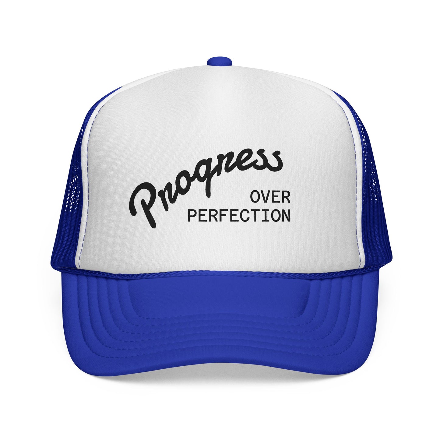 Progress Over Perfection Trucker Cap — Motivational Mesh Baseball Hat