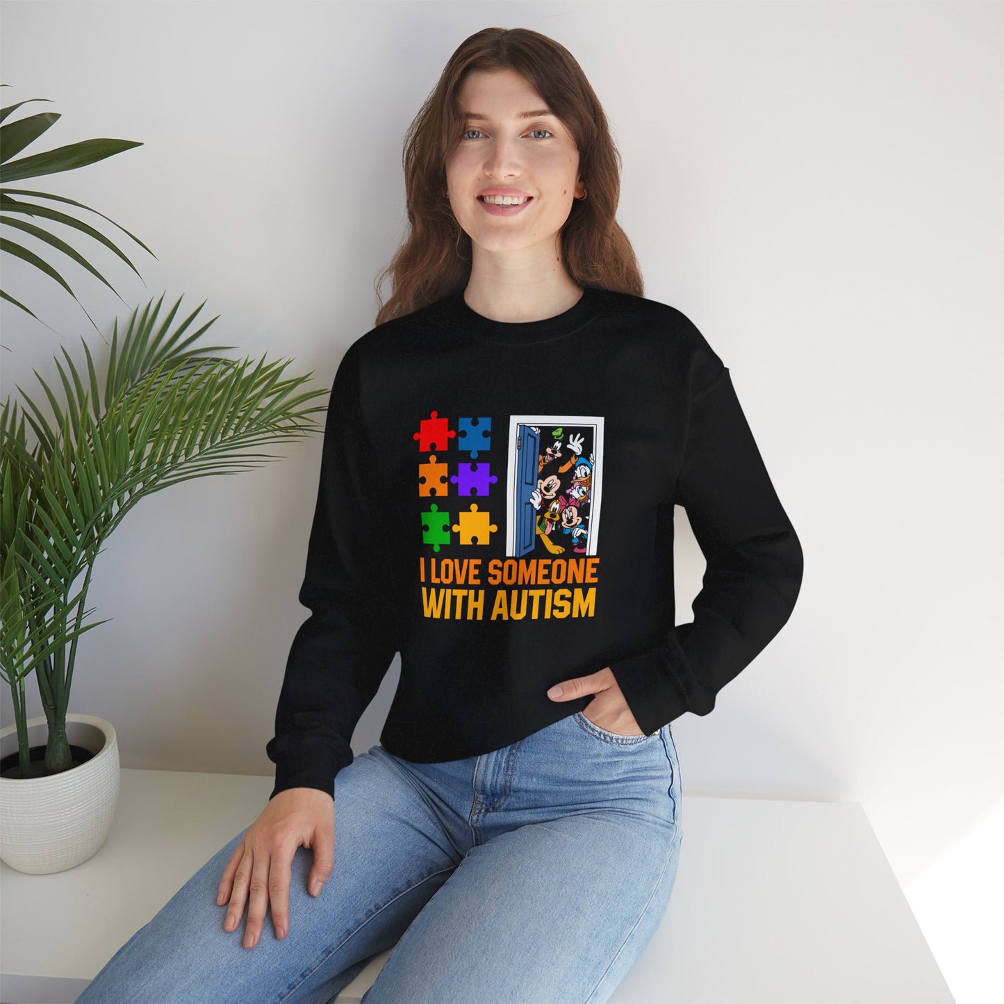 Autism Awareness Crewneck Sweatshirt — "I Love Someone With Autism" Puzzle Heart Design