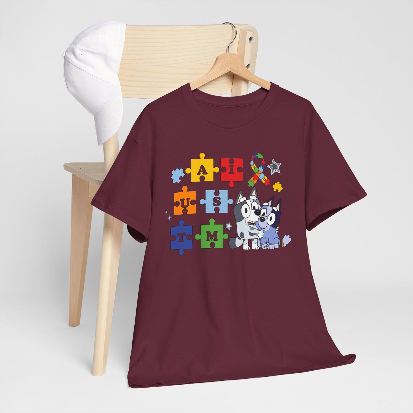 Autism Awareness Puzzle Pieces T-Shirt with Cute Husky & Ribbon