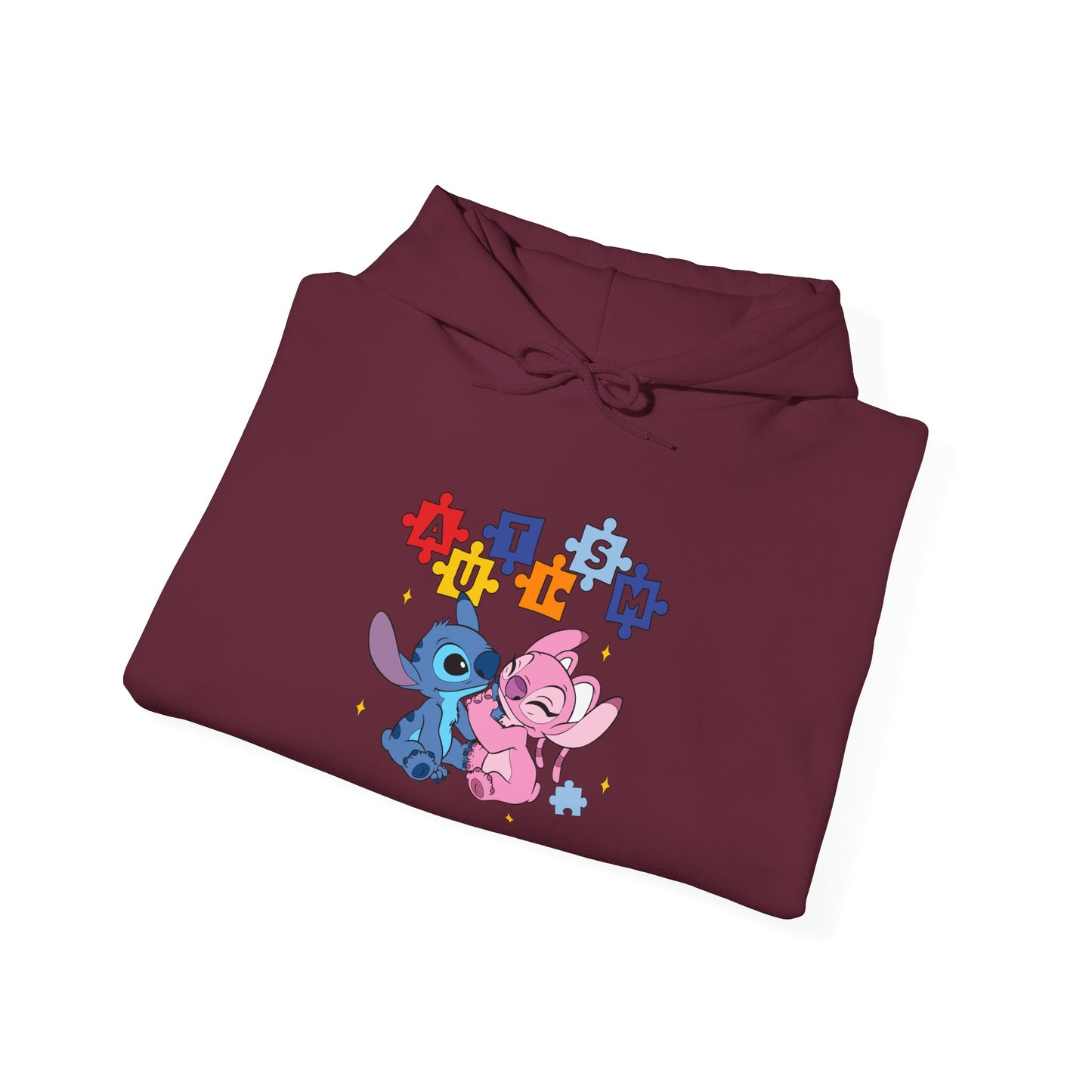 Cute Alien Pals Hoodie — Pink & Blue Cartoon Stitch-Style Characters with Puzzle Heart