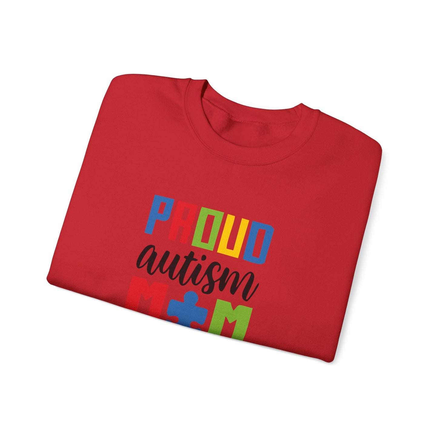 Crewneck Sweatshirt — "Proud Autism Mom" Colorful Puzzle Piece Design