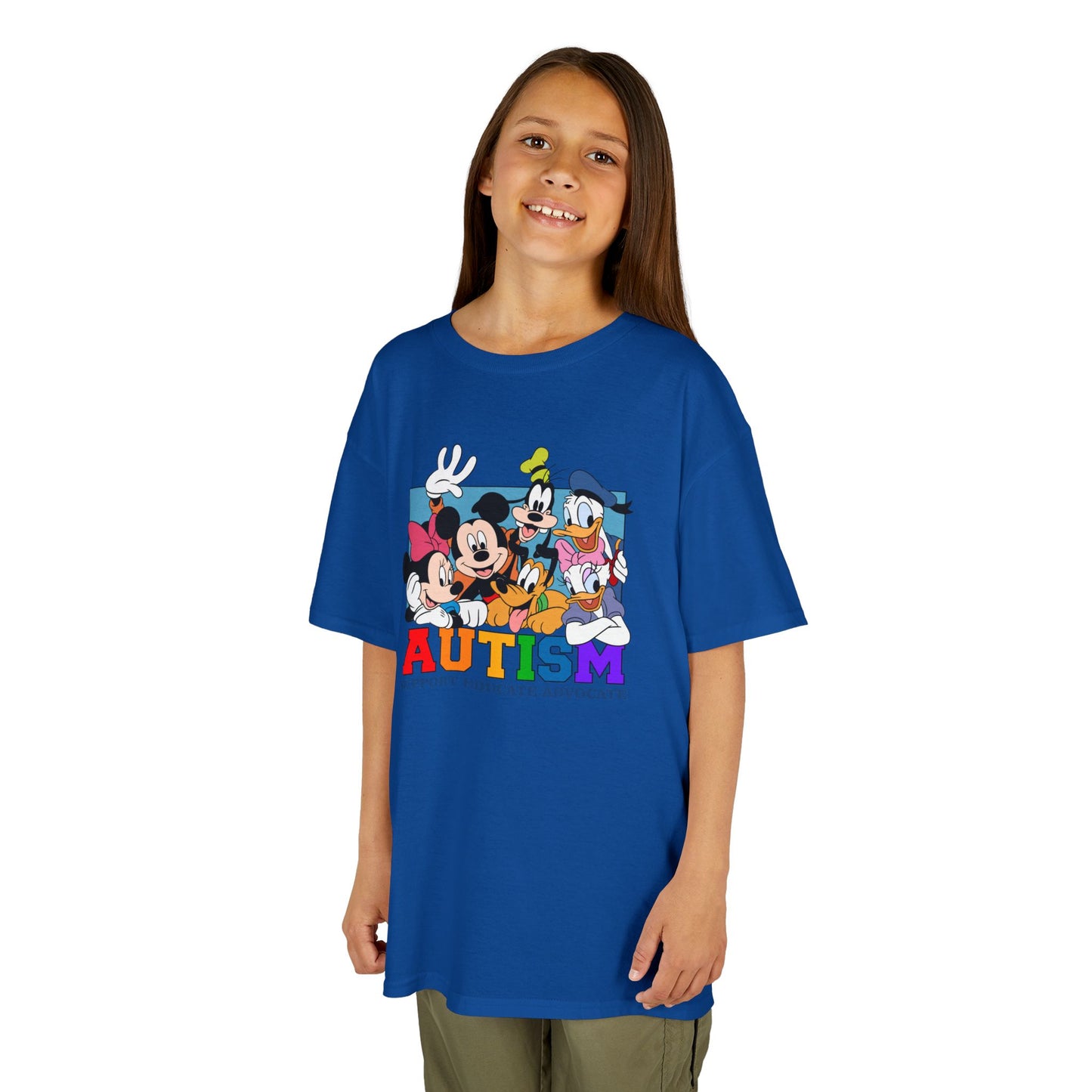 Kids Autism Awareness T-Shirt — Support, Educate, Advocate (Rainbow Letters)