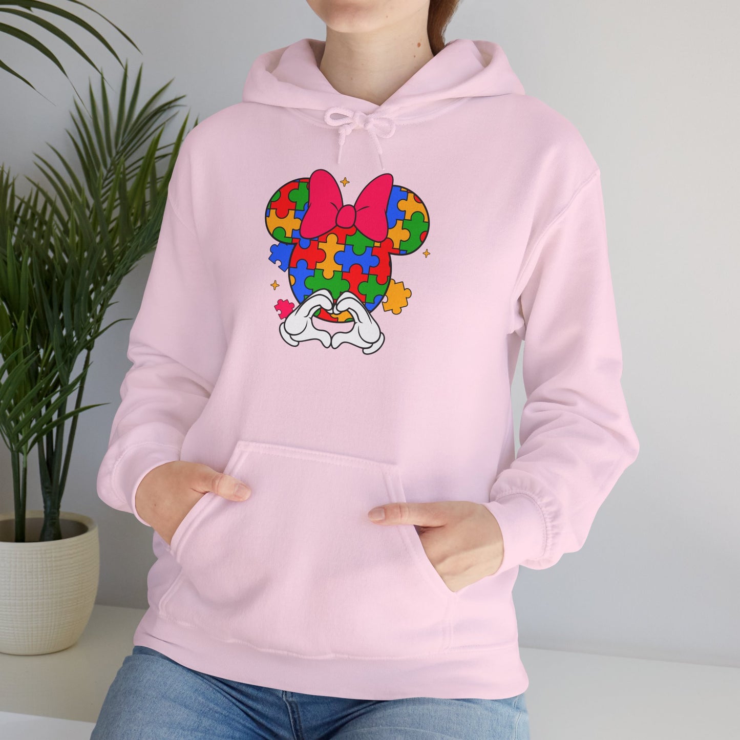 Autism Awareness Puzzle Minnie Hoodie – Colorful Puzzle-Heart Minnie Mouse Design
