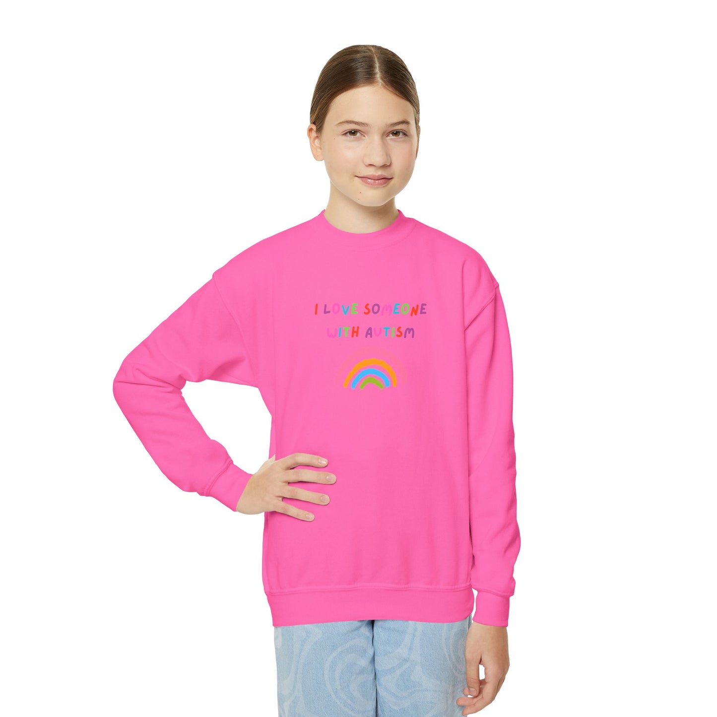 Youth Crewneck Sweatshirt — "I Love Someone With Autism" Rainbow Awareness Pullover