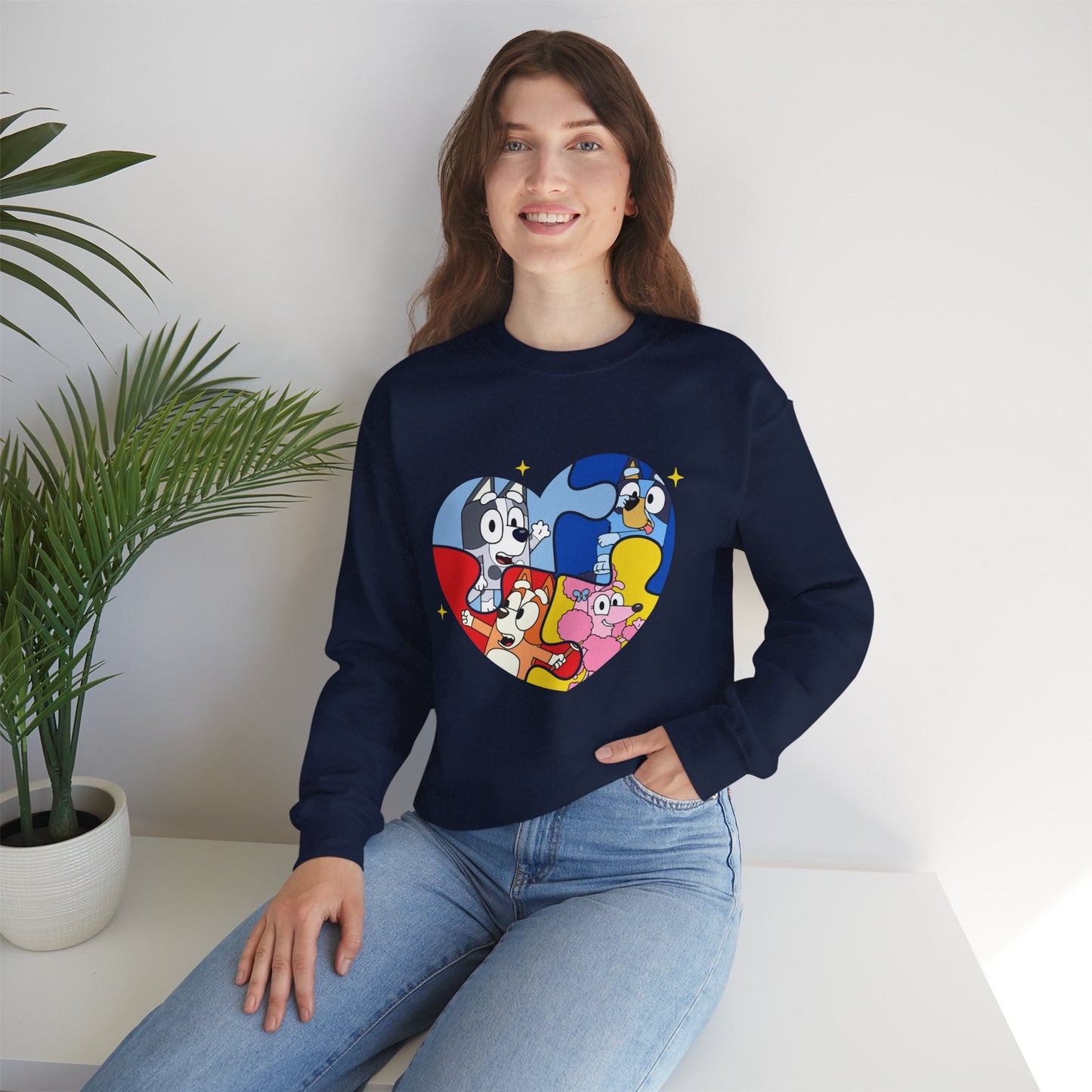 Cartoon Heart Crewneck Sweatshirt — Cute Colorful Character Patch Design