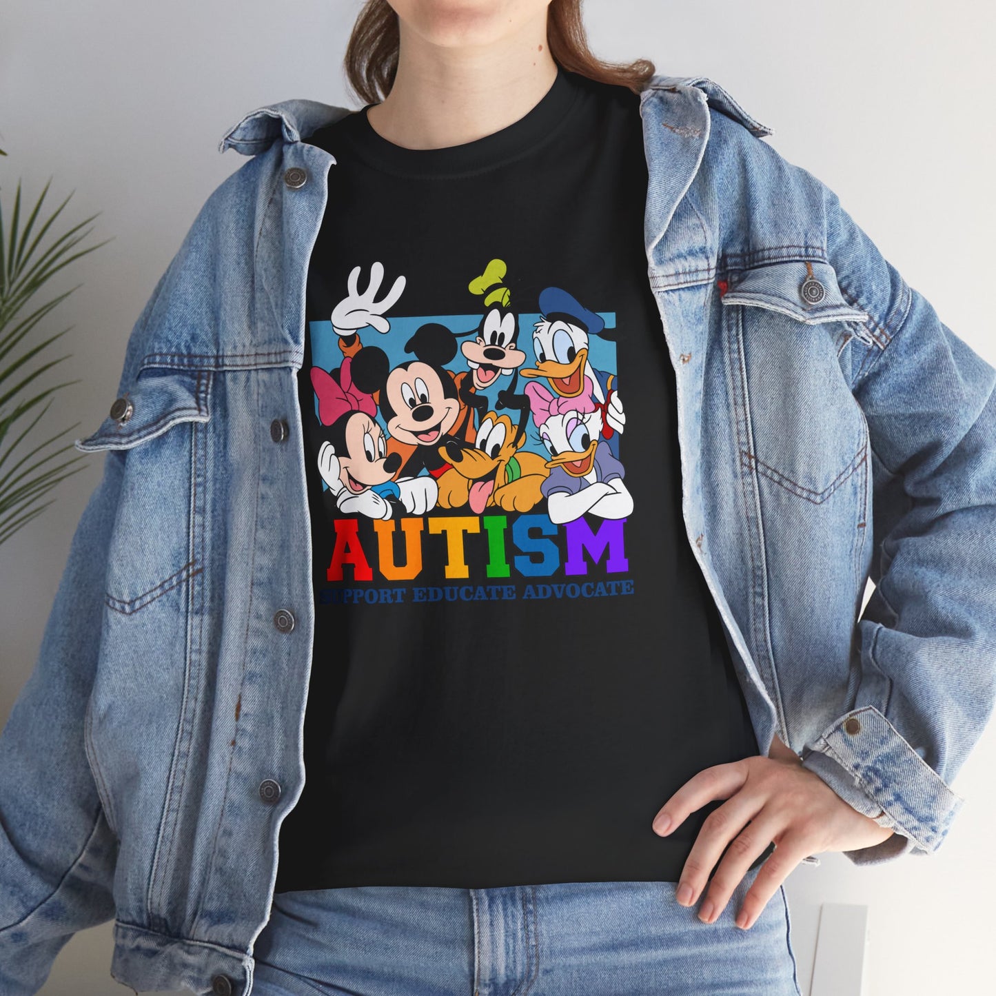 Autism Awareness T-Shirt — "AUTISM: Support Educate Advocate" with Cartoon Characters