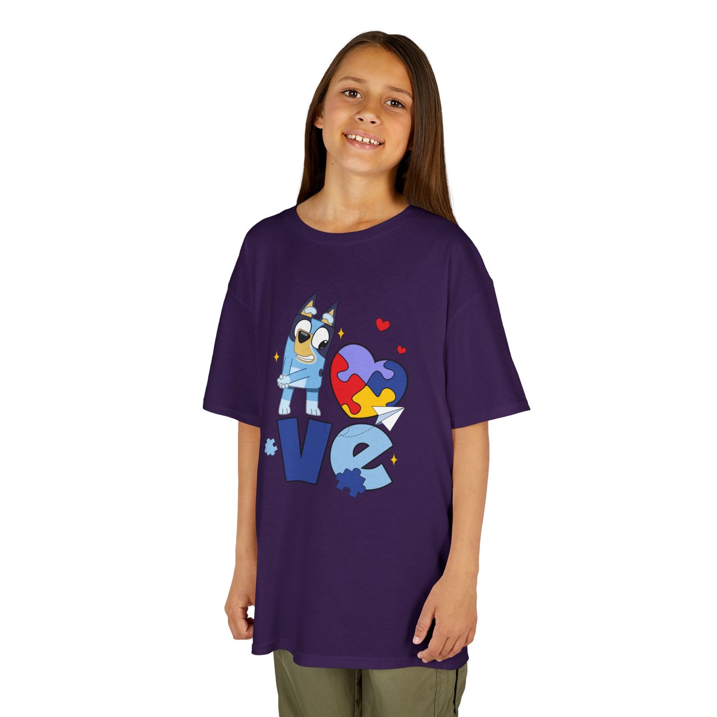 Kids Tee — 'LOVE' Puzzle Heart & Cartoon Character Autism Awareness Shirt