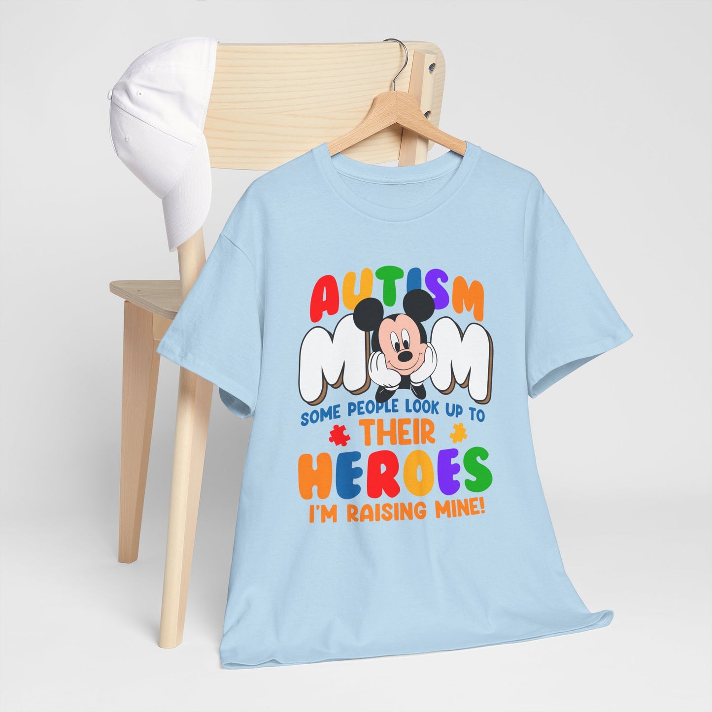 Autism Mom T-Shirt — "Some People Look Up to Their Heroes I'm Raising Mine" Colorful Support Tee