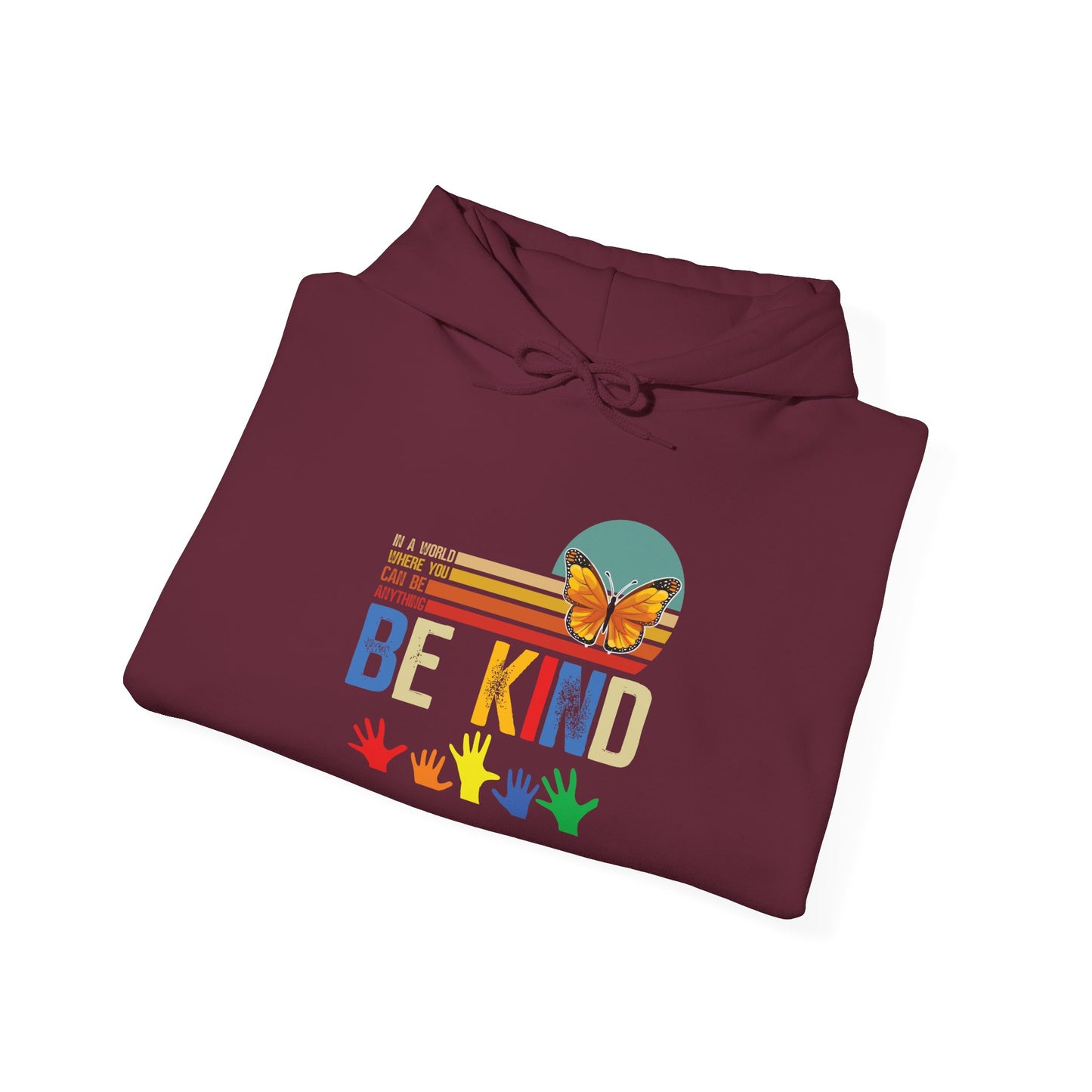 Be Kind Rainbow Hoodie — Retro Sunset Hands Kindness Sweatshirt