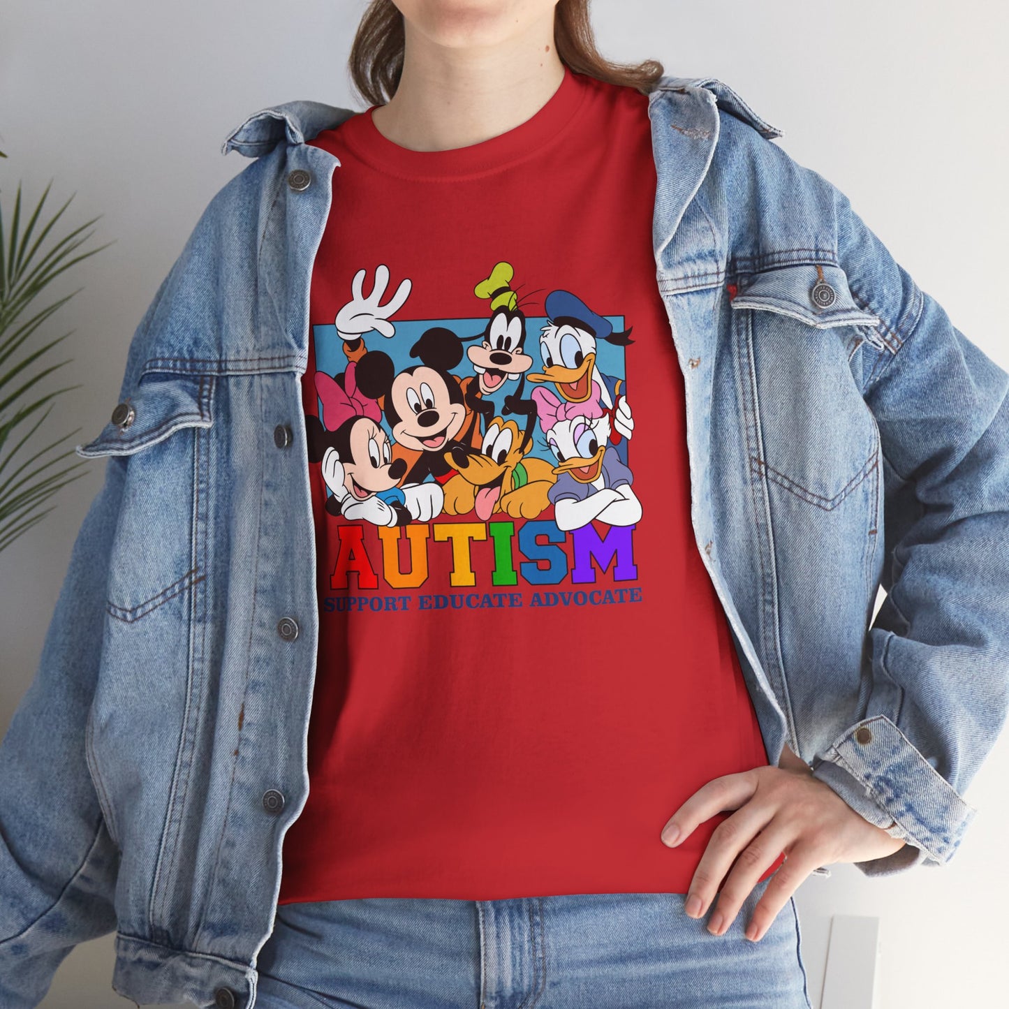 Autism Awareness T-Shirt — "AUTISM: Support Educate Advocate" with Cartoon Characters