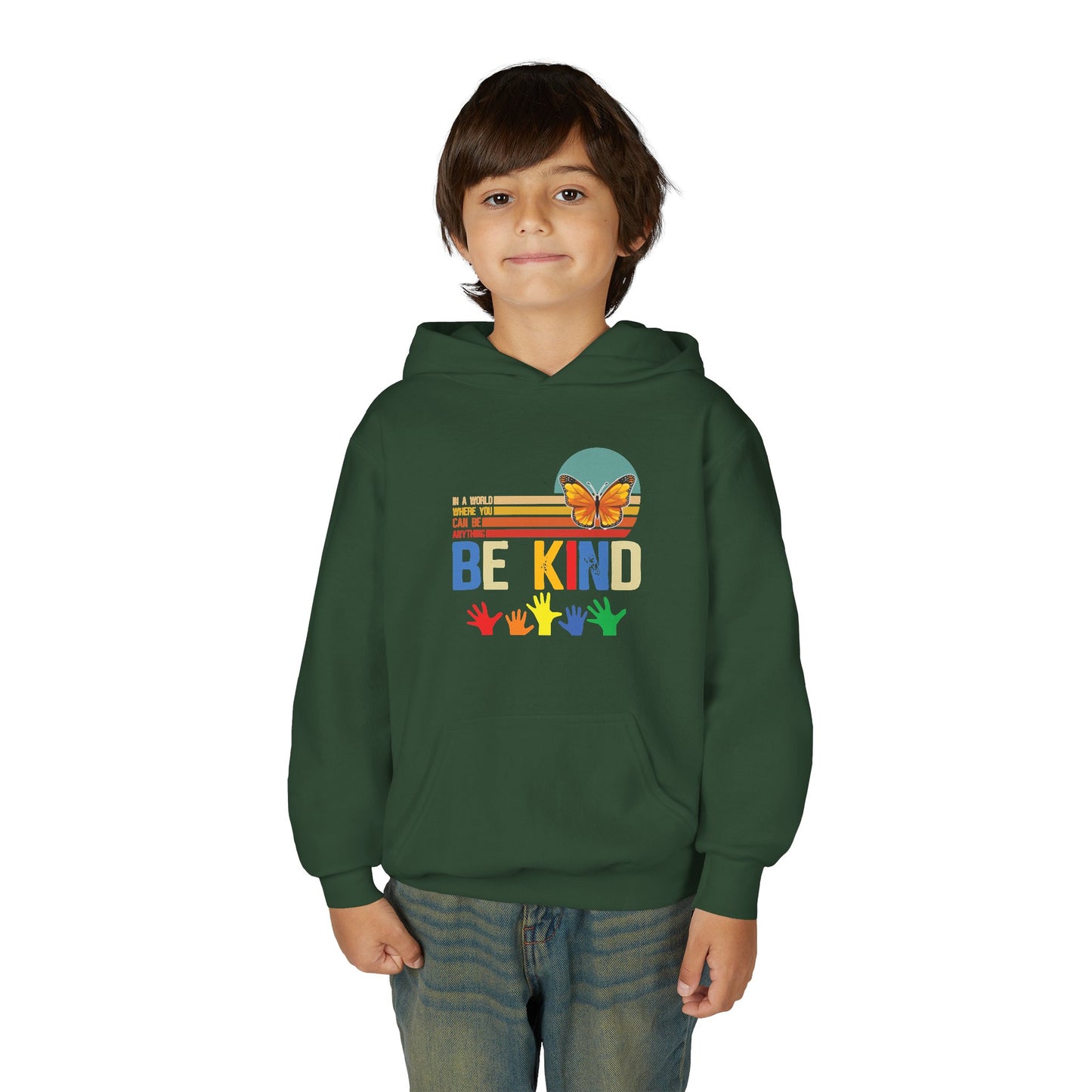Be Kind Youth Hoodie - Colorful Butterfly & Handprint Design