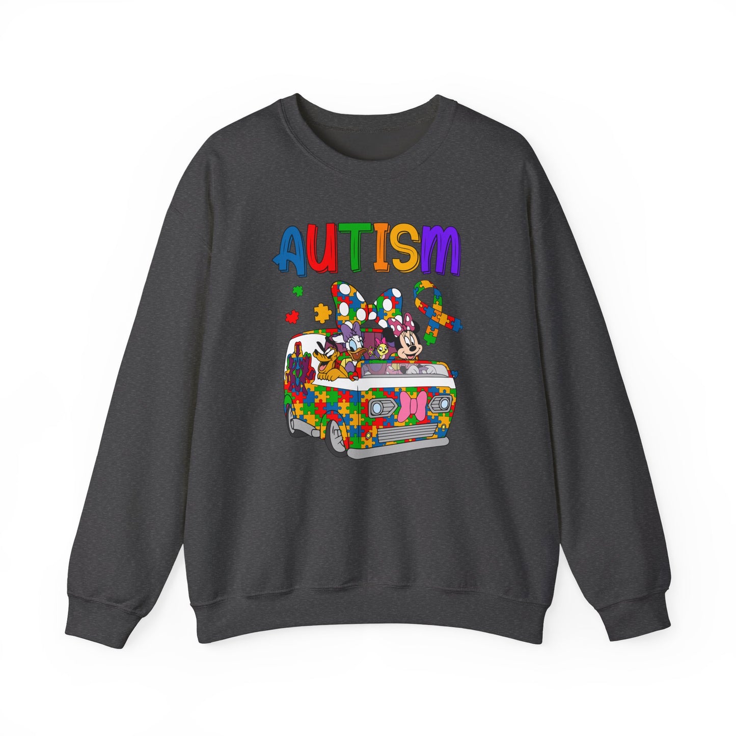 Autism Awareness Crewneck Sweatshirt — Colorful Puzzle Van Design